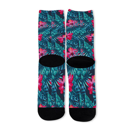 Hot Pink Hibiscus Tropical Pattern Print Long Socks
