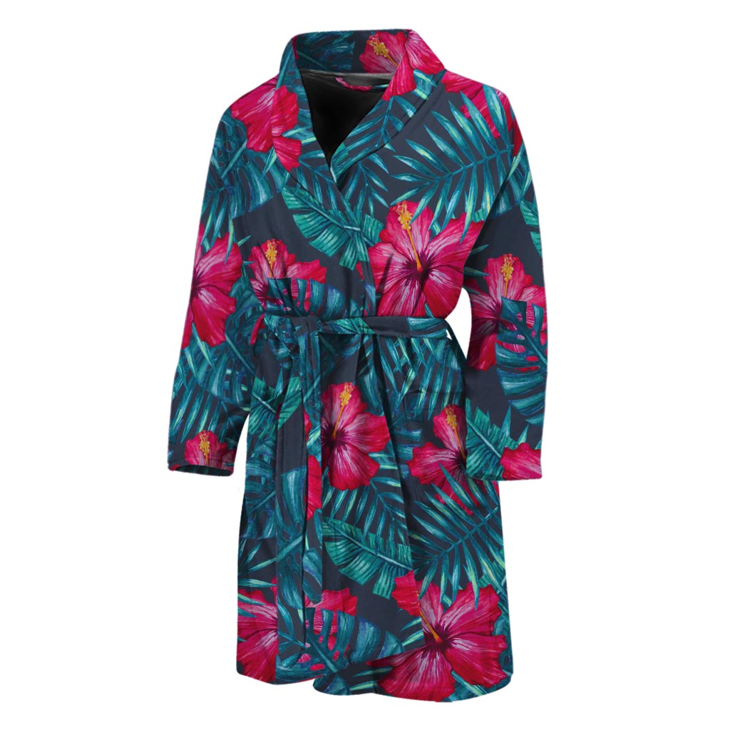 Hot Pink Hibiscus Tropical Pattern Print Men's Bathrobe