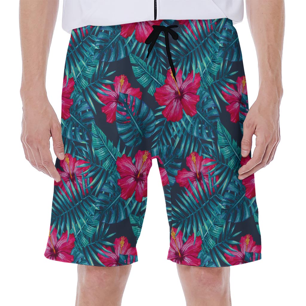 Hot Pink Hibiscus Tropical Pattern Print Men's Beach Shorts