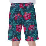 Hot Pink Hibiscus Tropical Pattern Print Men's Beach Shorts