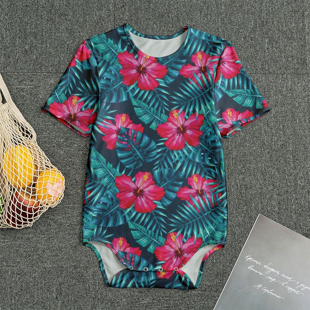Hot Pink Hibiscus Tropical Pattern Print Men's Bodysuit