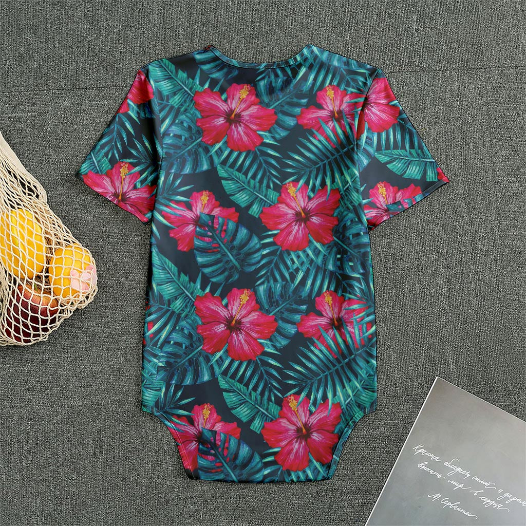 Hot Pink Hibiscus Tropical Pattern Print Men's Bodysuit