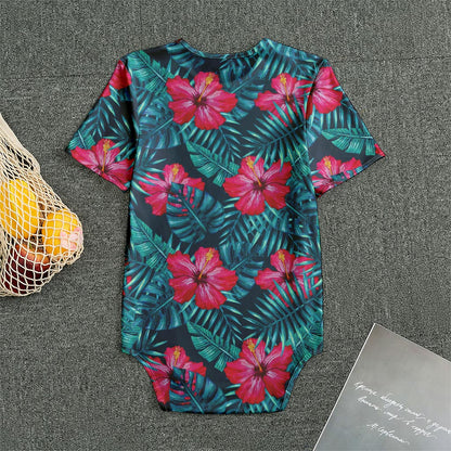 Hot Pink Hibiscus Tropical Pattern Print Men's Bodysuit