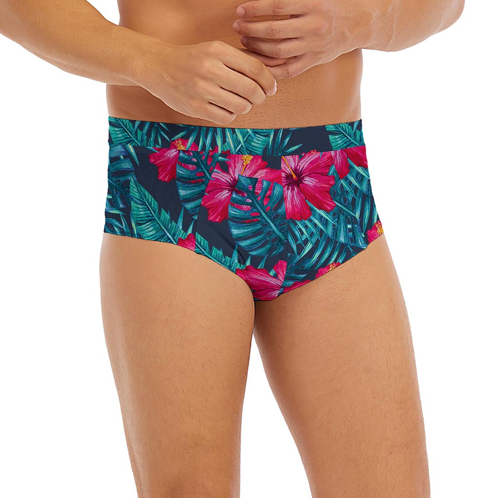 Hot Pink Hibiscus Tropical Pattern Print Men's Briefs