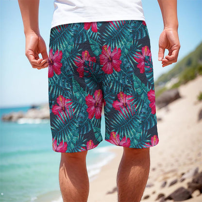 Hot Pink Hibiscus Tropical Pattern Print Men's Cargo Shorts