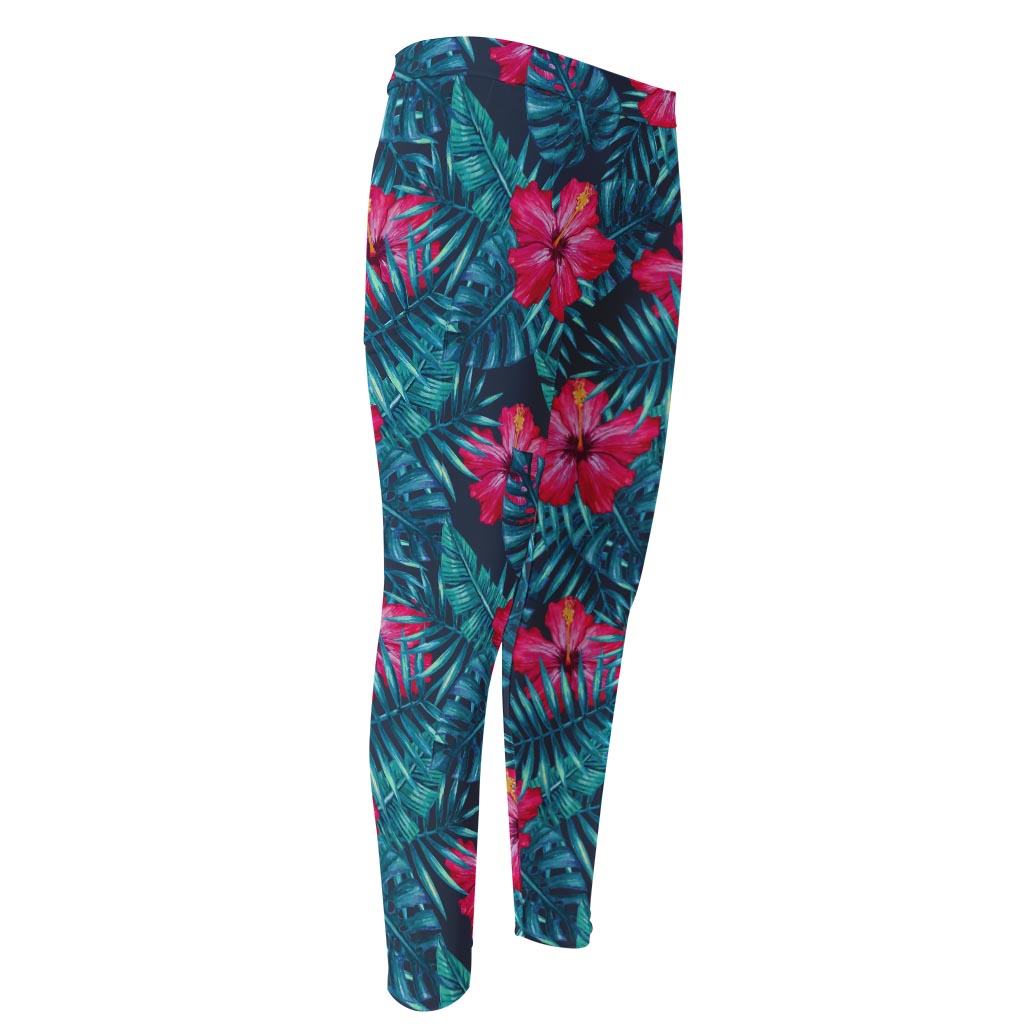 Hot Pink Hibiscus Tropical Pattern Print Men's Compression Pants
