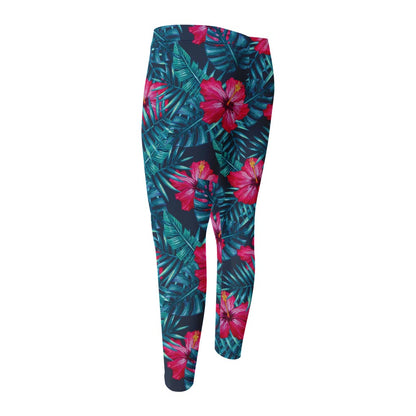 Hot Pink Hibiscus Tropical Pattern Print Men's Compression Pants
