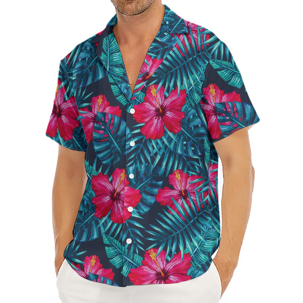 Hot Pink Hibiscus Tropical Pattern Print Men's Deep V-Neck Shirt