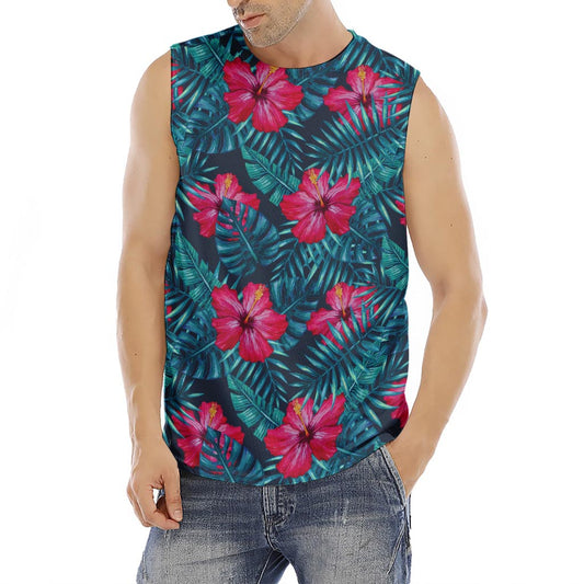 Hot Pink Hibiscus Tropical Pattern Print Men's Fitness Tank Top