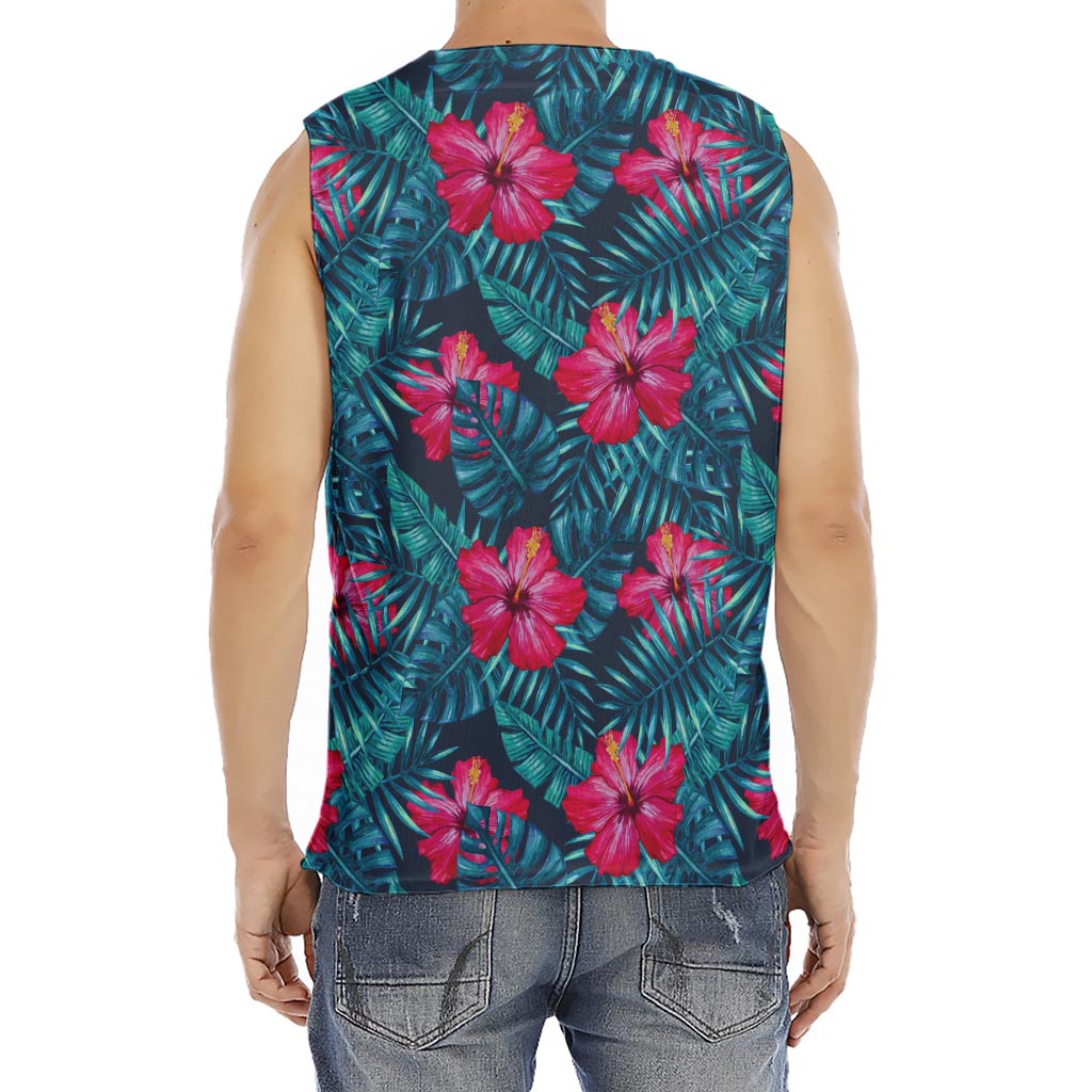 Hot Pink Hibiscus Tropical Pattern Print Men's Fitness Tank Top
