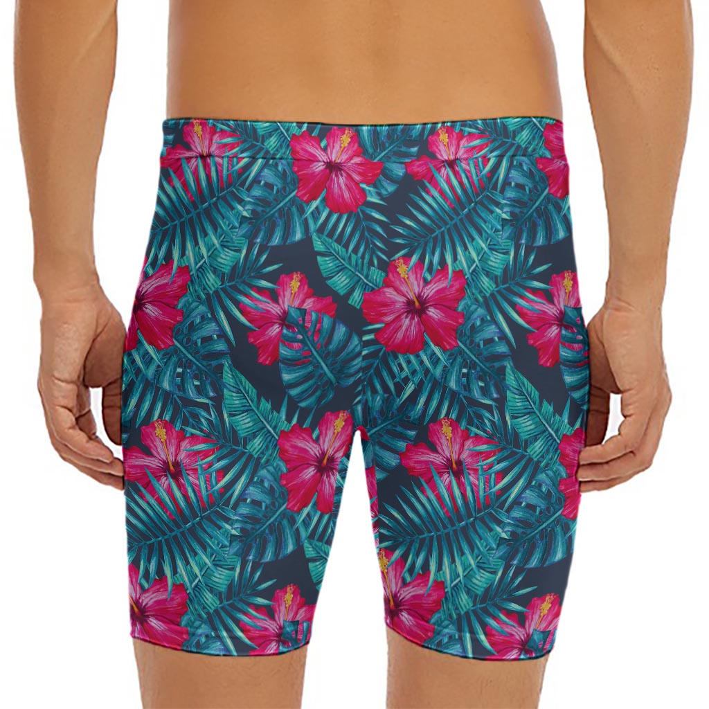 Hot Pink Hibiscus Tropical Pattern Print Men's Long Boxer Briefs