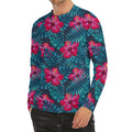 Hot Pink Hibiscus Tropical Pattern Print Men's Long Sleeve Rash Guard