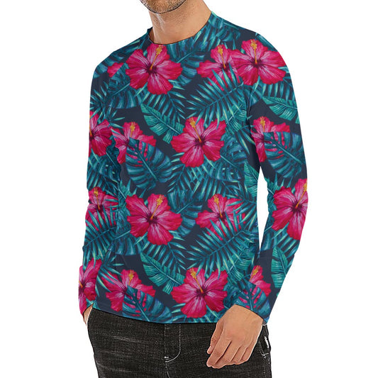 Hot Pink Hibiscus Tropical Pattern Print Men's Long Sleeve Rash Guard