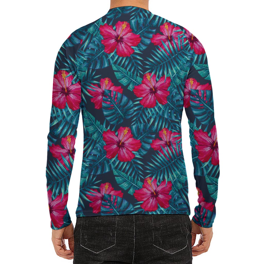 Hot Pink Hibiscus Tropical Pattern Print Men's Long Sleeve Rash Guard