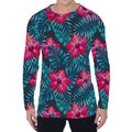 Hot Pink Hibiscus Tropical Pattern Print Men's Long Sleeve T-Shirt