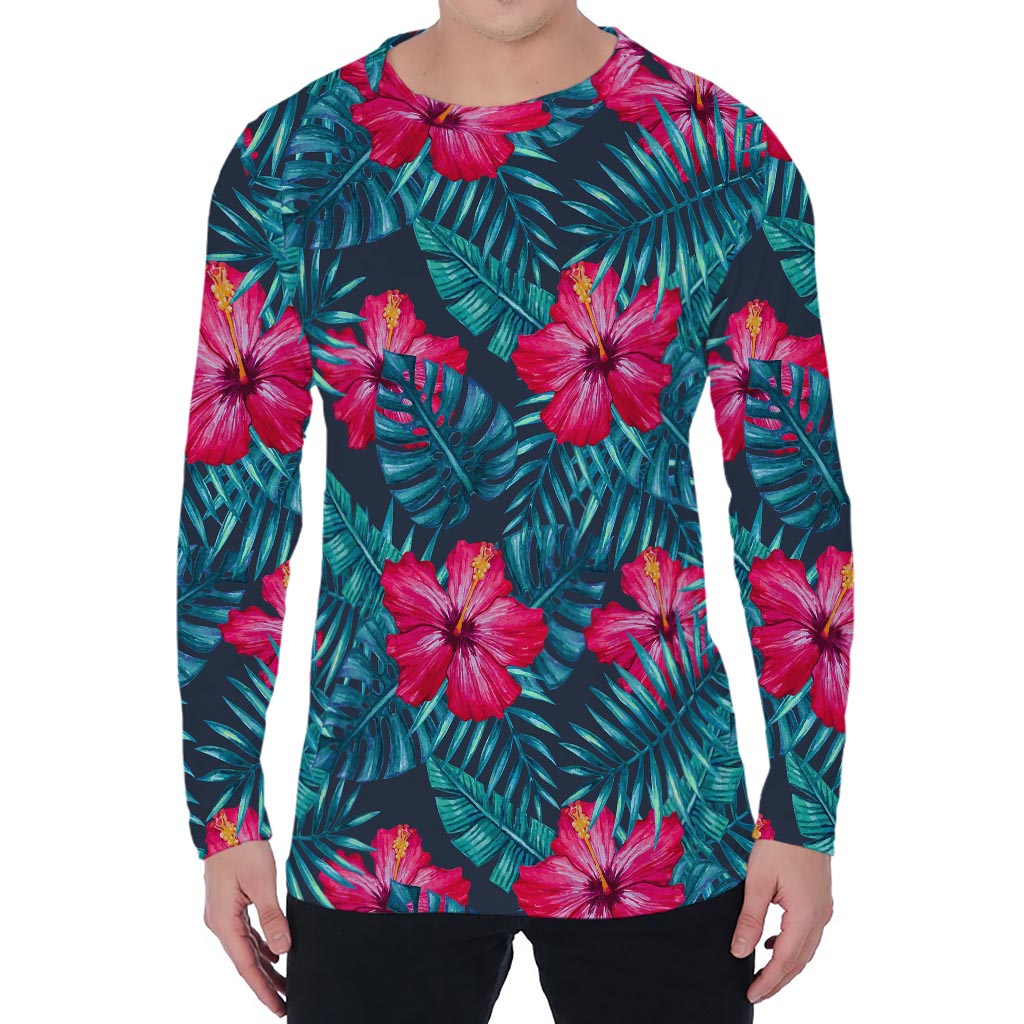 Hot Pink Hibiscus Tropical Pattern Print Men's Long Sleeve T-Shirt