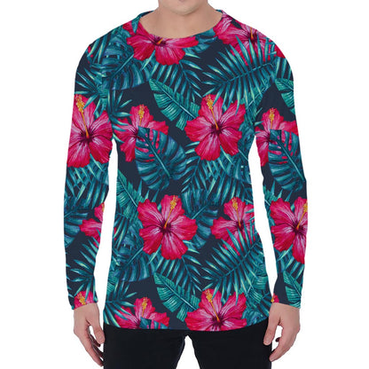 Hot Pink Hibiscus Tropical Pattern Print Men's Long Sleeve T-Shirt
