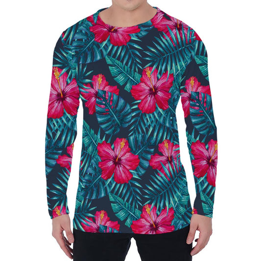 Hot Pink Hibiscus Tropical Pattern Print Men's Long Sleeve T-Shirt