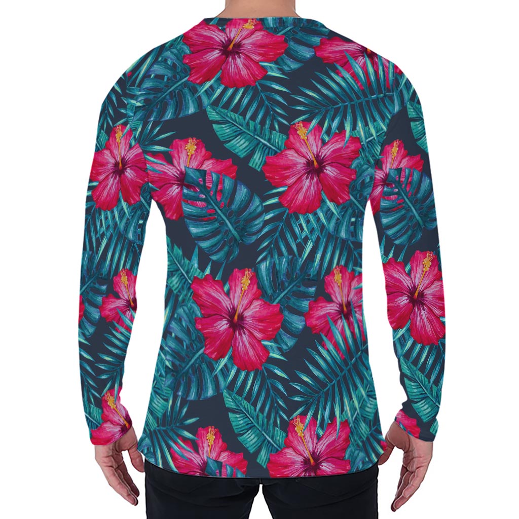 Hot Pink Hibiscus Tropical Pattern Print Men's Long Sleeve T-Shirt
