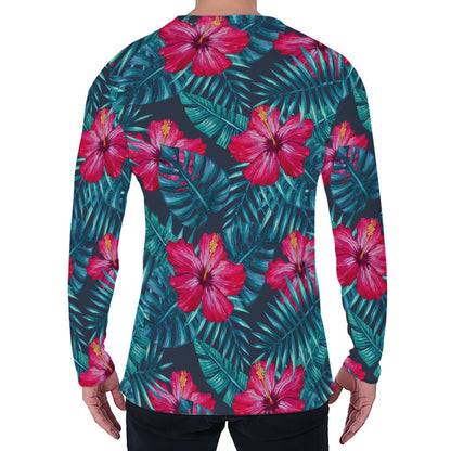 Hot Pink Hibiscus Tropical Pattern Print Men's Long Sleeve T-Shirt