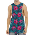 Hot Pink Hibiscus Tropical Pattern Print Men's Muscle Tank Top