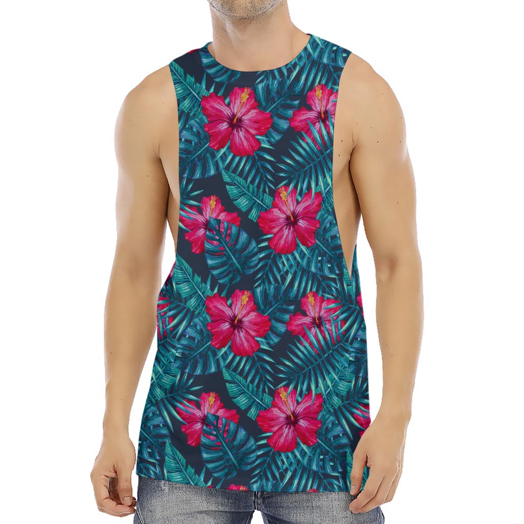 Hot Pink Hibiscus Tropical Pattern Print Men's Muscle Tank Top