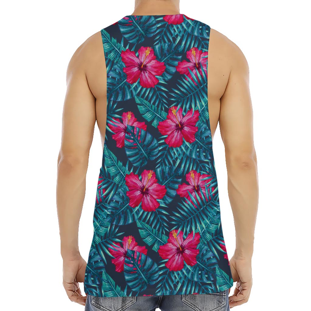Hot Pink Hibiscus Tropical Pattern Print Men's Muscle Tank Top