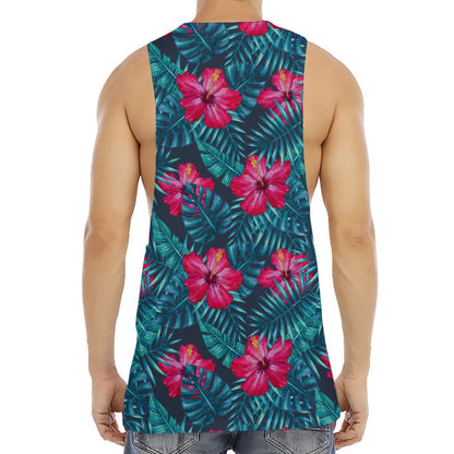 Hot Pink Hibiscus Tropical Pattern Print Men's Muscle Tank Top