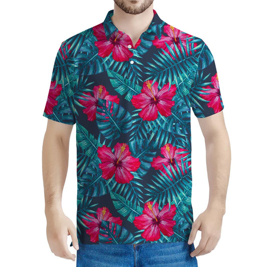 Hot Pink Hibiscus Tropical Pattern Print Men's Polo Shirt
