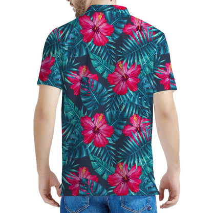 Hot Pink Hibiscus Tropical Pattern Print Men's Polo Shirt