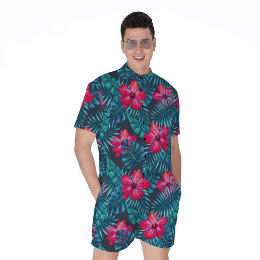 Hot Pink Hibiscus Tropical Pattern Print Men's Rompers