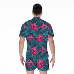 Hot Pink Hibiscus Tropical Pattern Print Men's Rompers