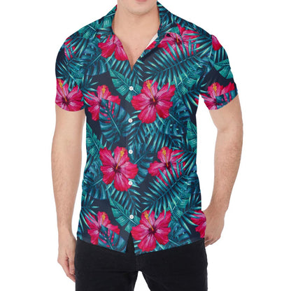 Hot Pink Hibiscus Tropical Pattern Print Men's Shirt