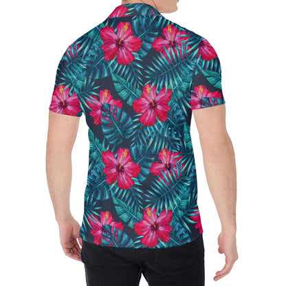 Hot Pink Hibiscus Tropical Pattern Print Men's Shirt