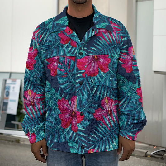 Hot Pink Hibiscus Tropical Pattern Print Men's Shirt Jacket