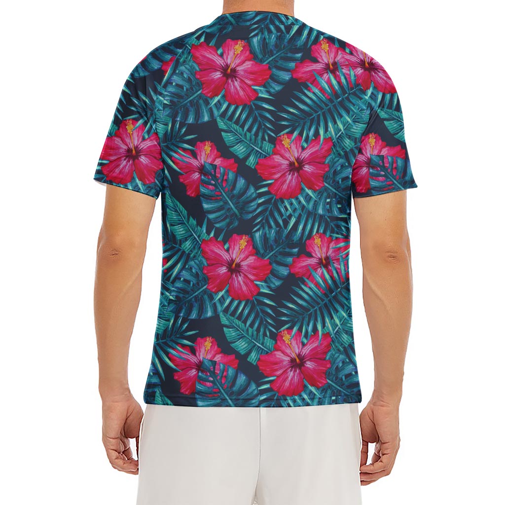 Hot Pink Hibiscus Tropical Pattern Print Men's Short Sleeve Rash Guard