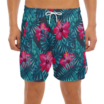 Hot Pink Hibiscus Tropical Pattern Print Men's Split Running Shorts
