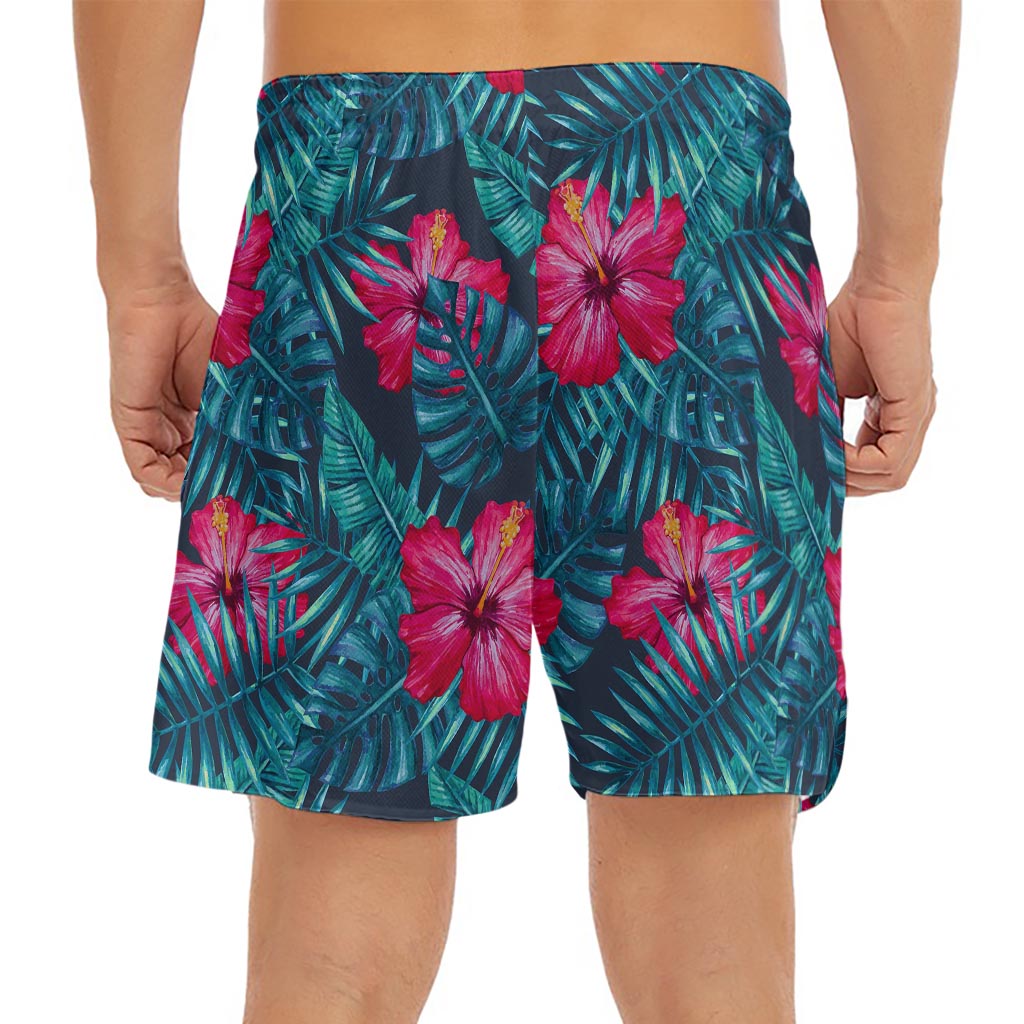 Hot Pink Hibiscus Tropical Pattern Print Men's Split Running Shorts