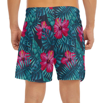 Hot Pink Hibiscus Tropical Pattern Print Men's Split Running Shorts