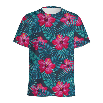 Hot Pink Hibiscus Tropical Pattern Print Men's Sports T-Shirt