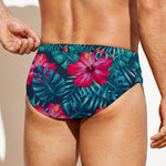 Hot Pink Hibiscus Tropical Pattern Print Men's Swim Briefs