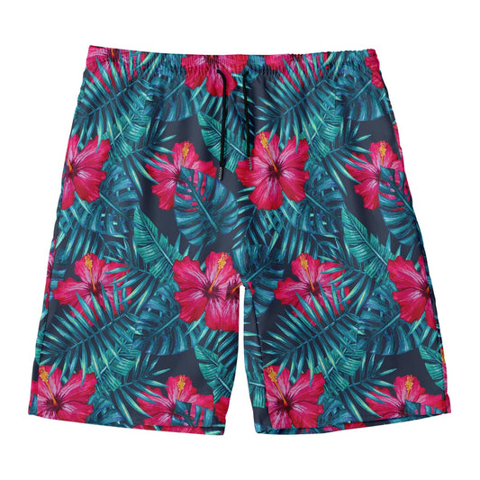 Hot Pink Hibiscus Tropical Pattern Print Men's Swim Trunks