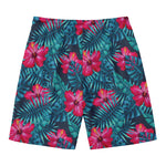 Hot Pink Hibiscus Tropical Pattern Print Men's Swim Trunks