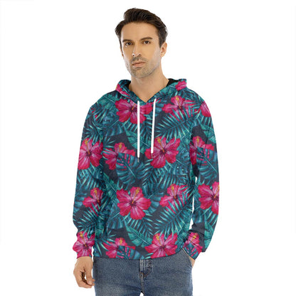 Hot Pink Hibiscus Tropical Pattern Print Men's Velvet Pullover Hoodie