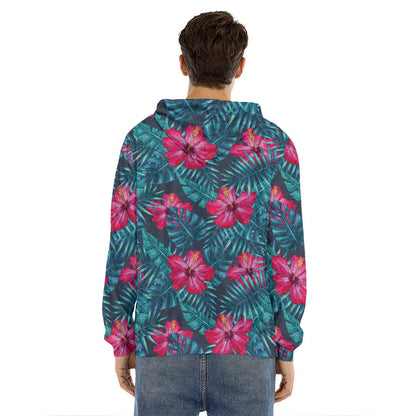 Hot Pink Hibiscus Tropical Pattern Print Men's Velvet Pullover Hoodie