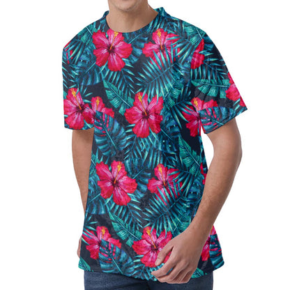 Hot Pink Hibiscus Tropical Pattern Print Men's Velvet T-Shirt