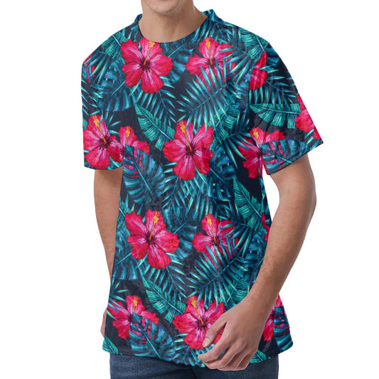 Hot Pink Hibiscus Tropical Pattern Print Men's Velvet T-Shirt