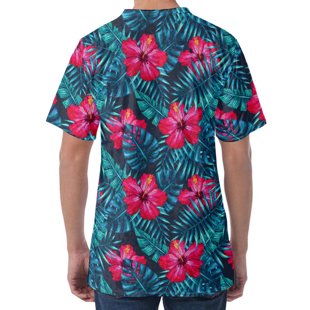 Hot Pink Hibiscus Tropical Pattern Print Men's Velvet T-Shirt