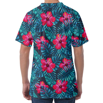 Hot Pink Hibiscus Tropical Pattern Print Men's Velvet T-Shirt