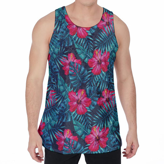 Hot Pink Hibiscus Tropical Pattern Print Men's Velvet Tank Top
